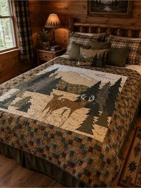 Deer Woodland Quilt Bedding in Brown and Green by Donna Sharp Cabincore